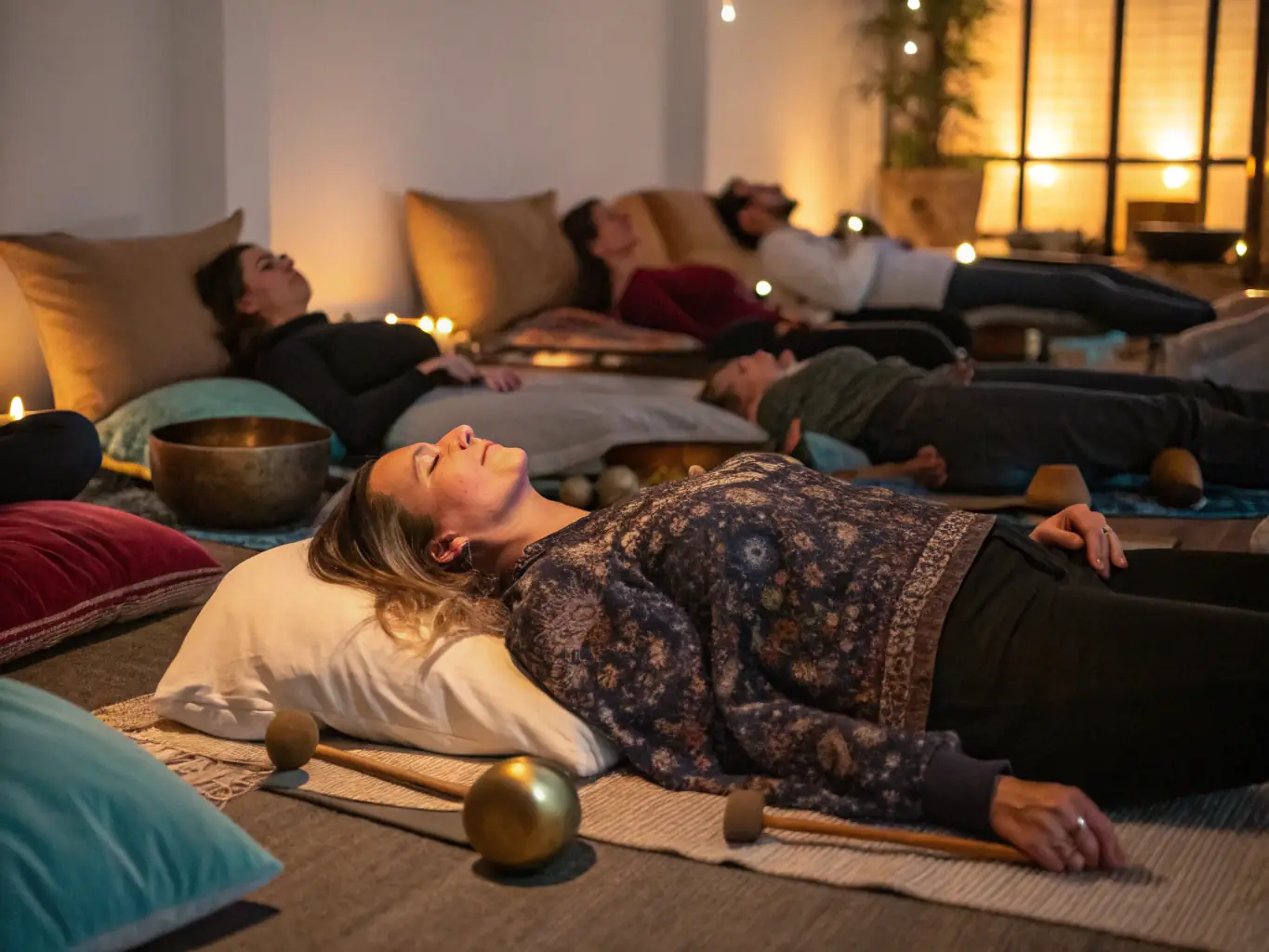 A visually appealing image of a sound healing session with crystal bowls, representing the chakra and frequency balancing services offered by Imani's Light.