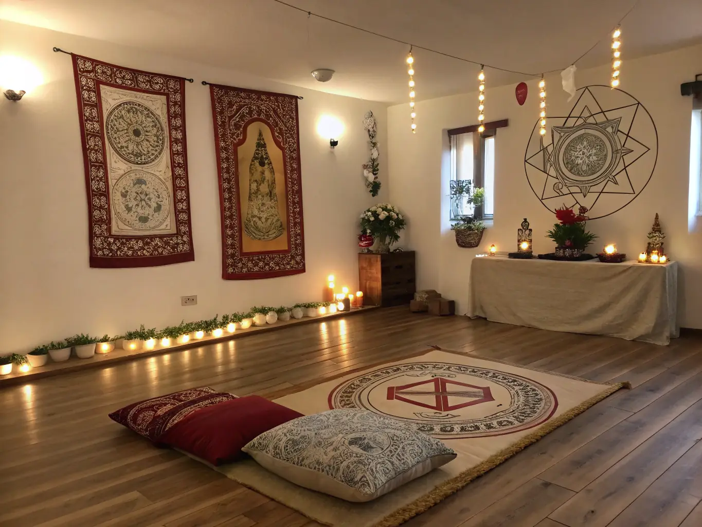 A serene image of a tranquil meditation space with soft lighting and calming decor, representing the Guided Meditations service offered by Imani's Light.