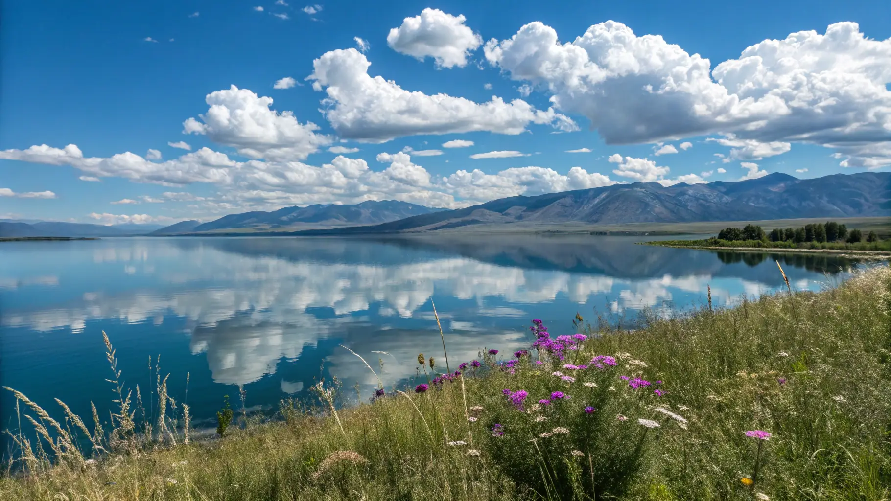 A serene landscape in Alturas, California, with mountains in the background and a clear blue sky, representing the location of the quarterly retreats.