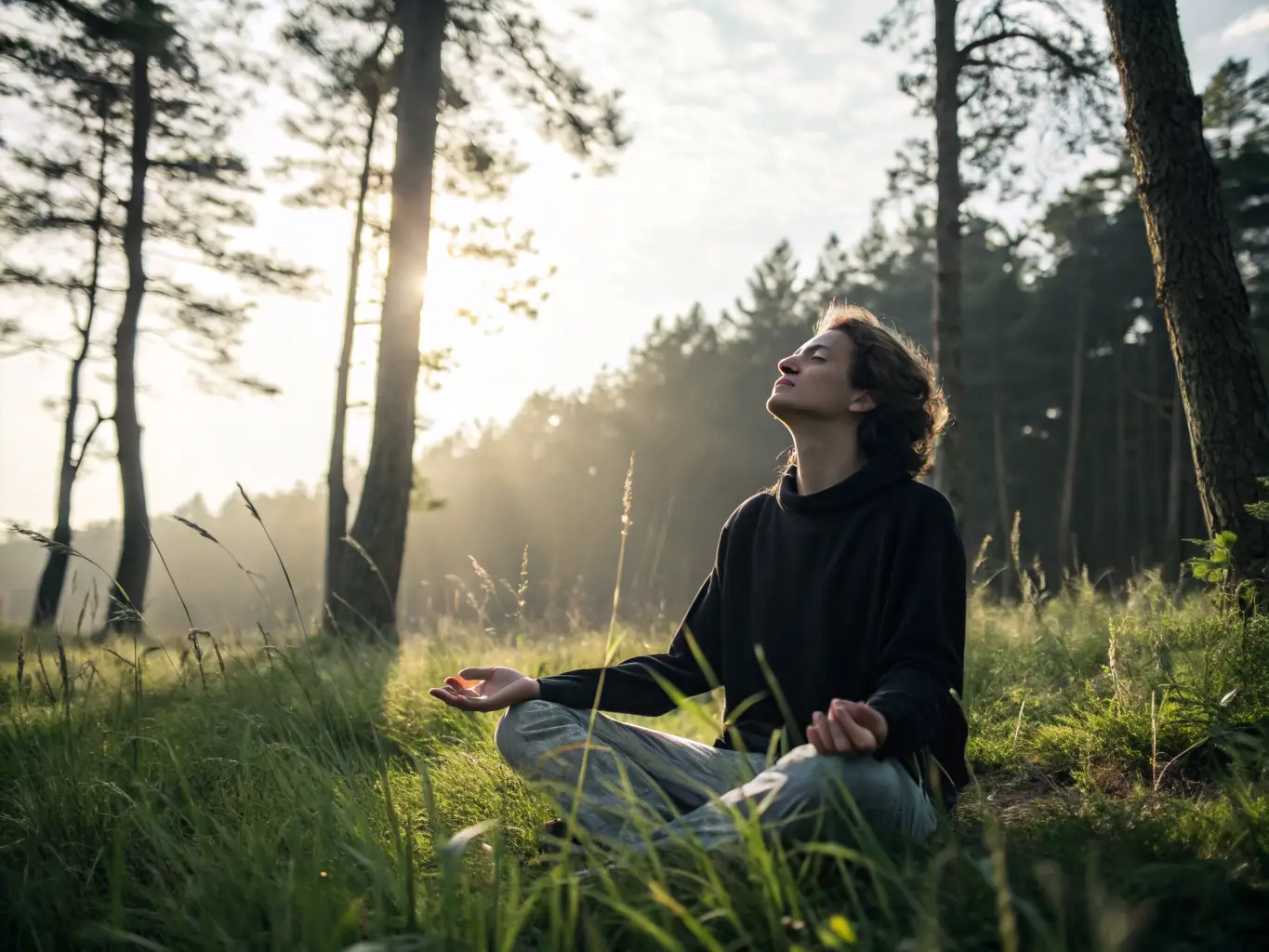 A serene image depicting a person meditating in a peaceful natural setting, bathed in soft, ethereal light, symbolizing guided meditation.